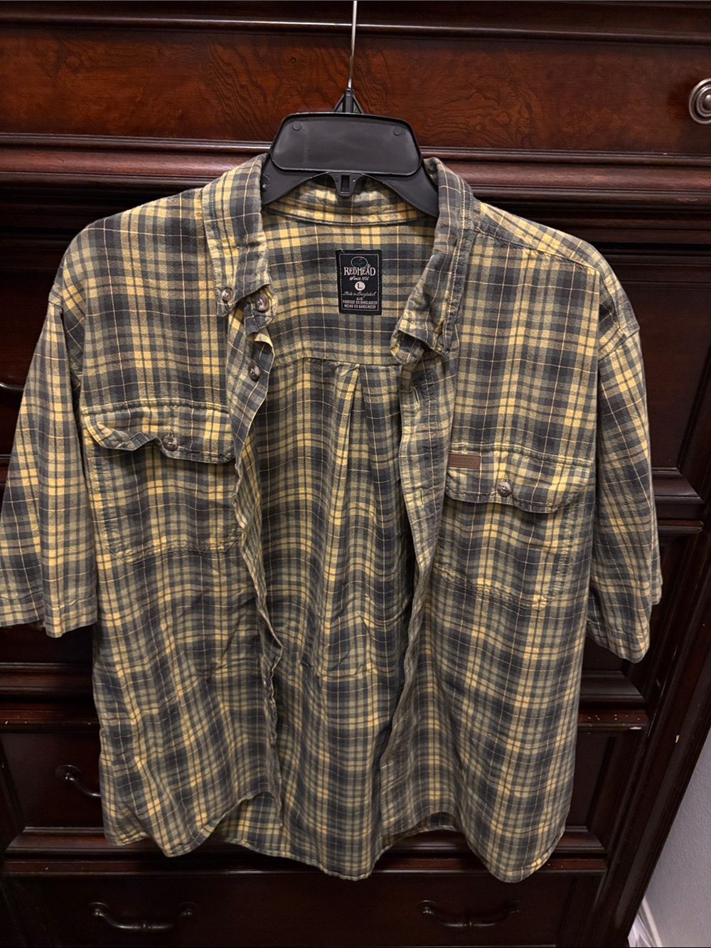 Vtg Redhead Yellow and Gray Plaid Short Sleeve Button-Up Shirt-Lg